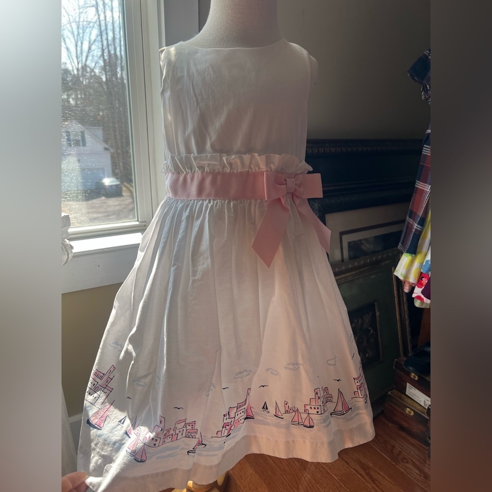 Janie and Jack White Dress with Pink Waist Bow.  Hard to find pink Label size 5